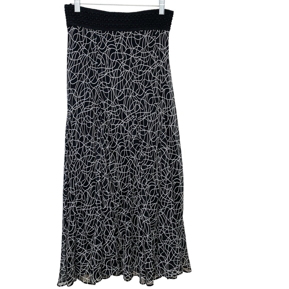 Lapis Black White Abstract Scribble Print Chiffon Maxi Skirt Small Elastic Waist